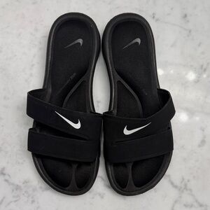Nike Black Double-Strap Slide Sandals with White Swoosh